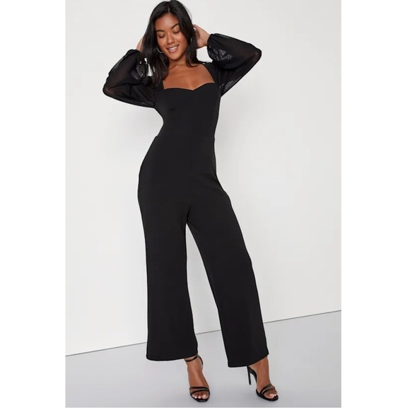 Lulus Pants - Lulus Perfect Charisma Jumpsuit Women M Black Sheer Mesh Sleeve‎ Wide Leg Chic